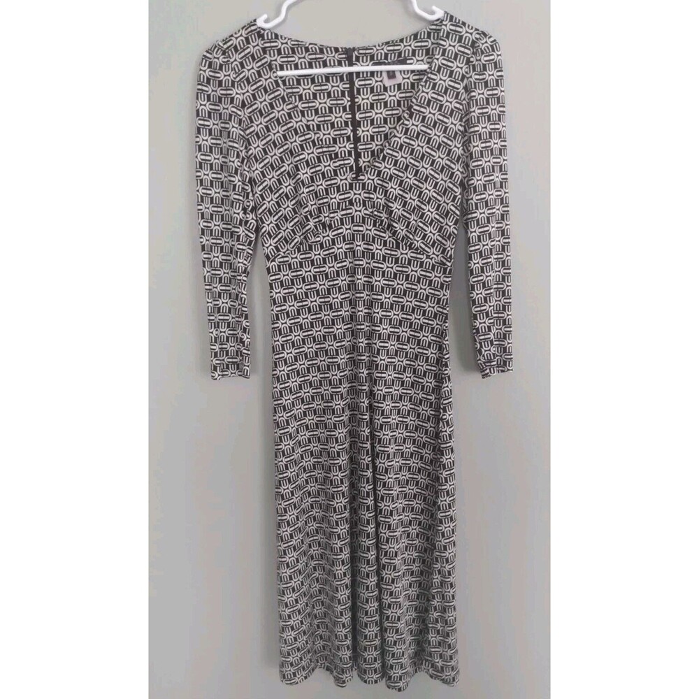 Pink Tartan Women's Brown Fit Flare Silk Retro Style Dress 3/4 Sleeve S